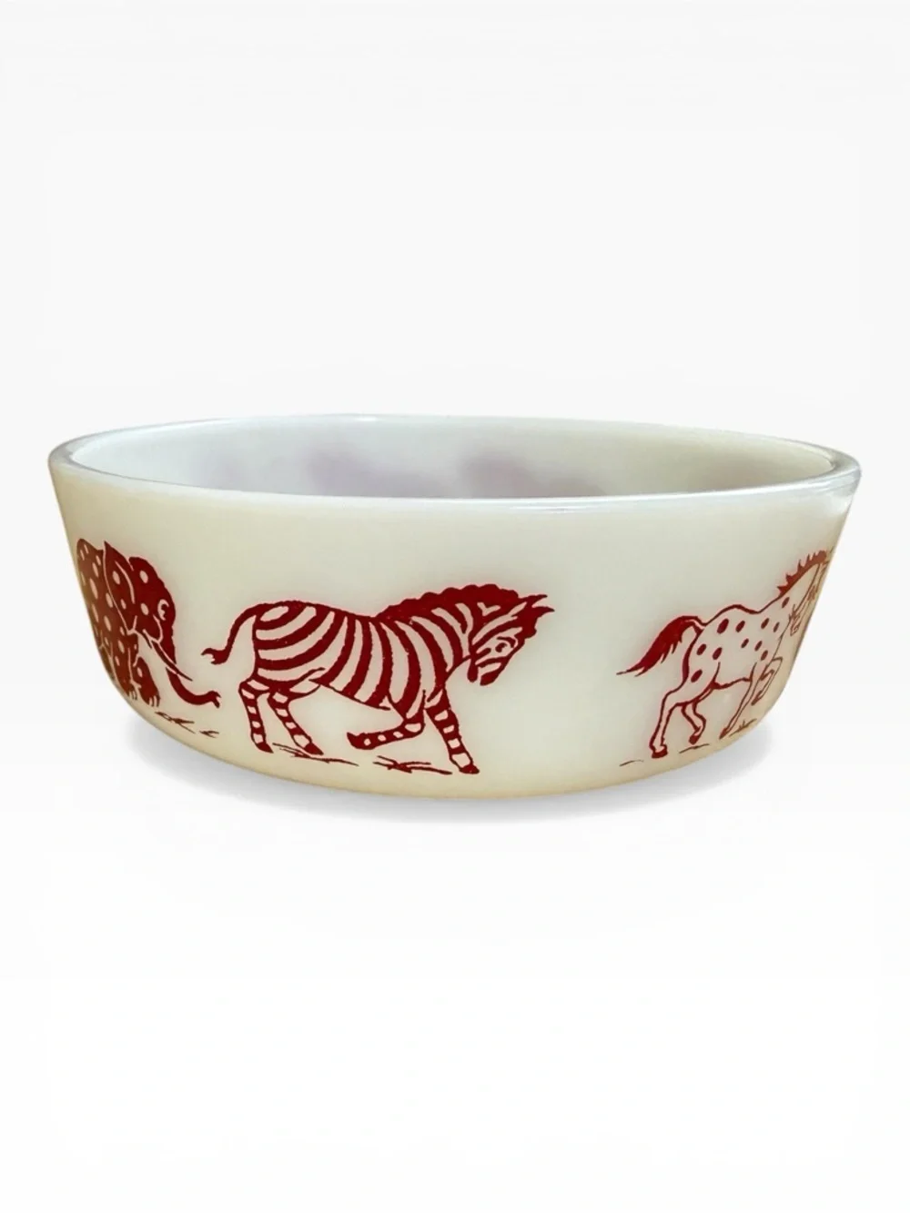 Vintage Hazel-Atlas Milk Glass Bowl Featuring A Red Circus Animal Pattern